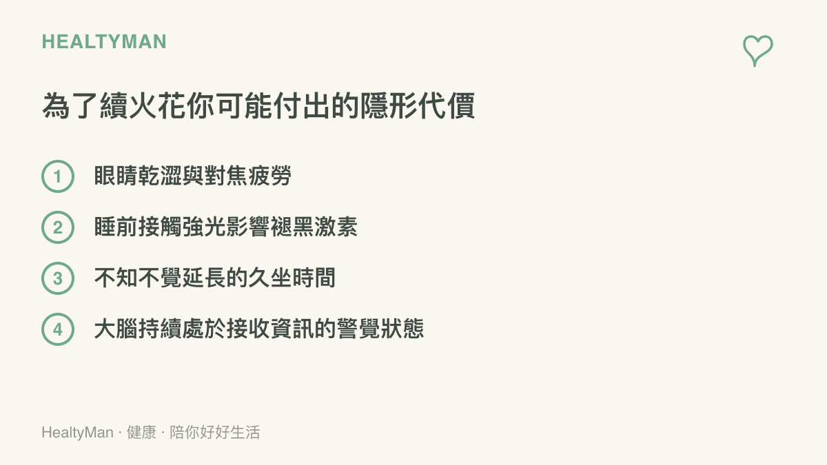 列舉維持每日手機打卡行為可能帶來的四項生理負擔，包含眼睛疲勞與睡眠幹擾