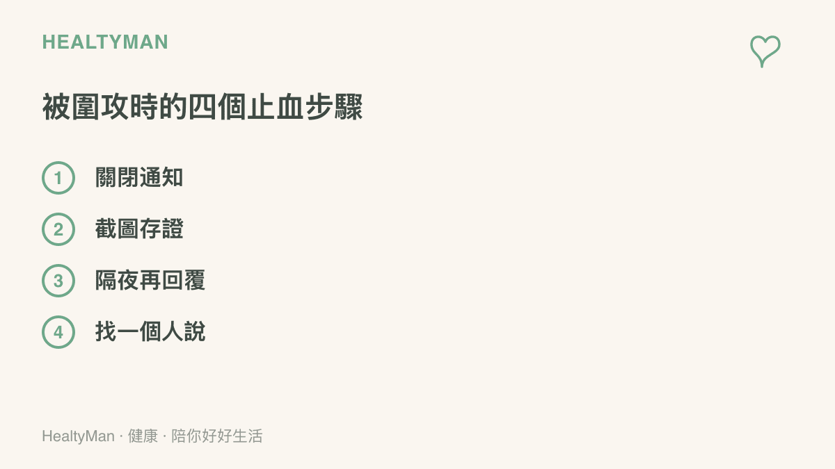 清單圖列出被網路負評圍攻時的四個處理步驟：關閉通知、截圖存證、隔夜再回覆、告訴信任的人