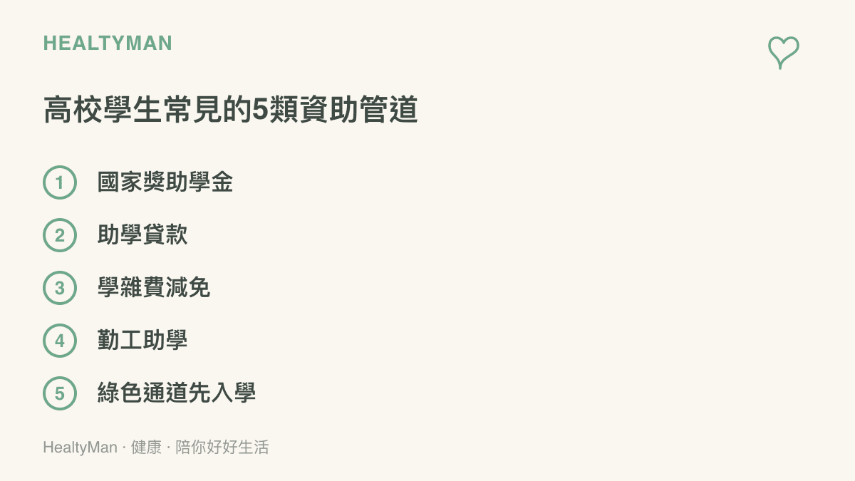 整理高校學生常見的五類經濟資助管道，幫助有需要的學生快速理解可用資源