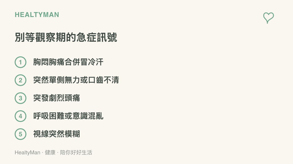 清單列出五種應立即就醫的急症訊號，包括胸悶胸痛合併冒冷汗、突然單側無力或口齒不清、突發劇烈頭痛、呼吸困難或意識混亂，以及視線突然模糊