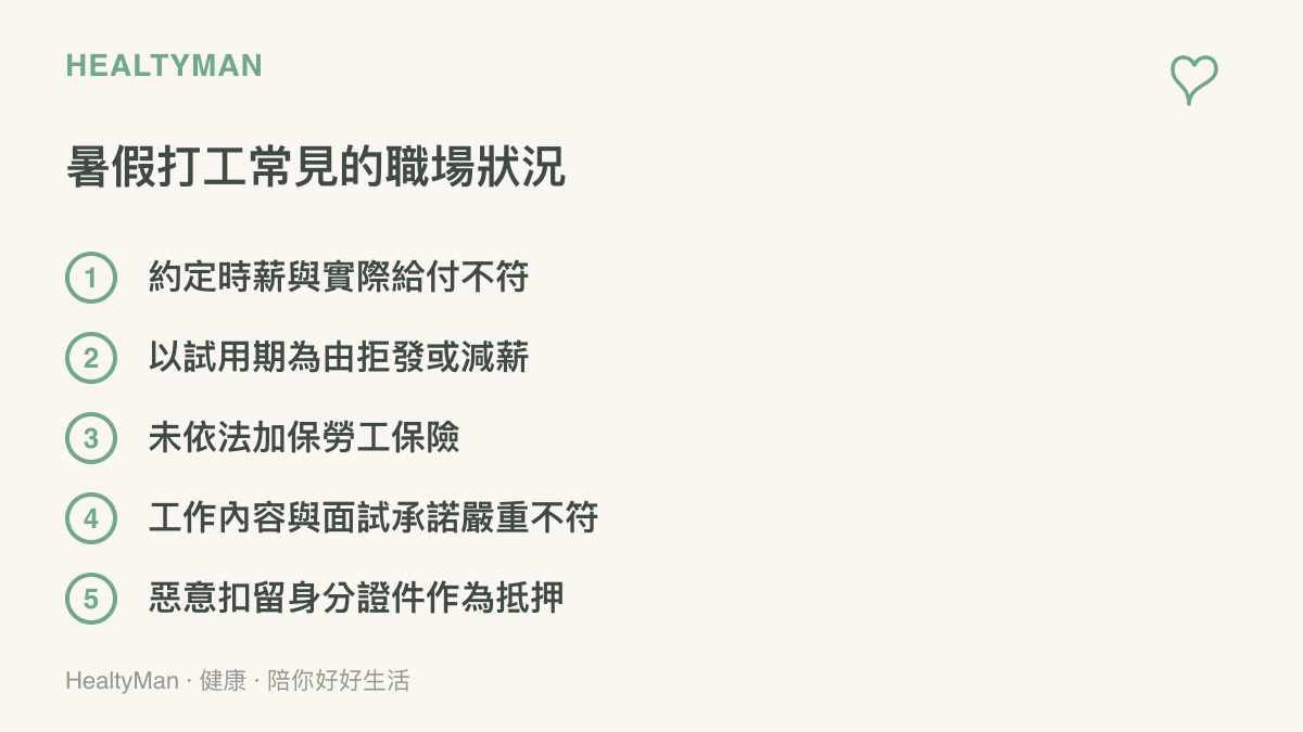 圖卡列舉出五項暑假打工族最常遇到的職場狀況，包含薪資短少、保險缺失與工作內容不符等問題。