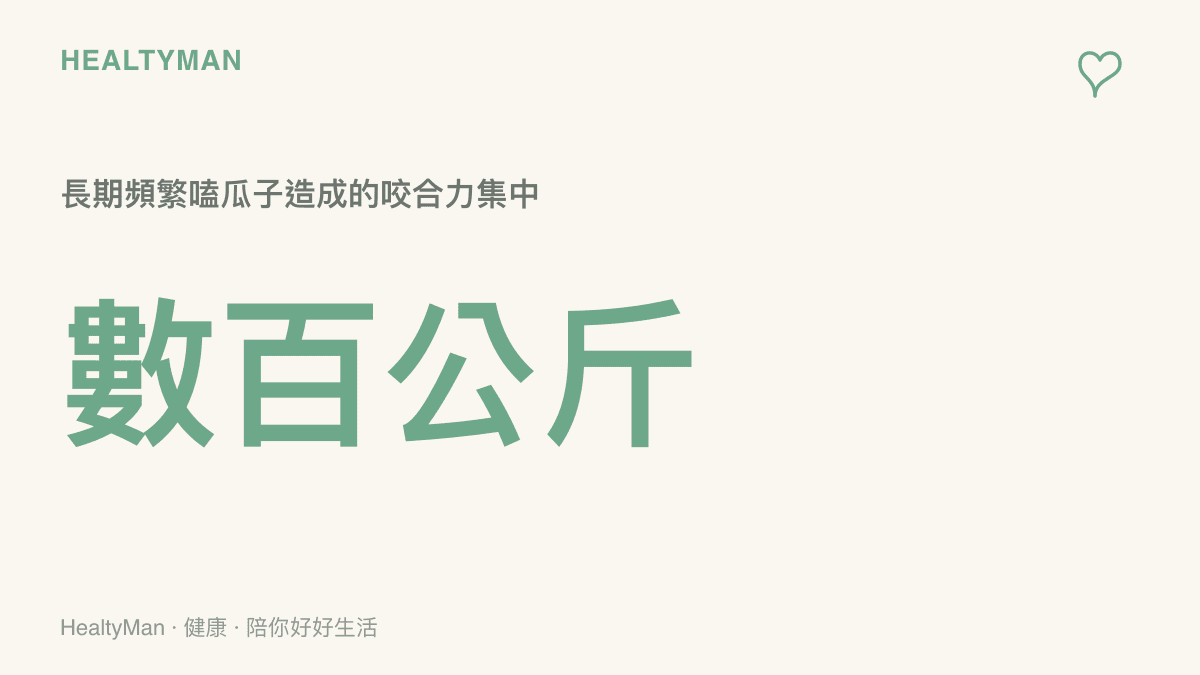 圖卡呈現人類咬合瓜子時，單顆牙齒需承受數百公斤的集中壓力，說明微小零食帶來的巨大破壞力