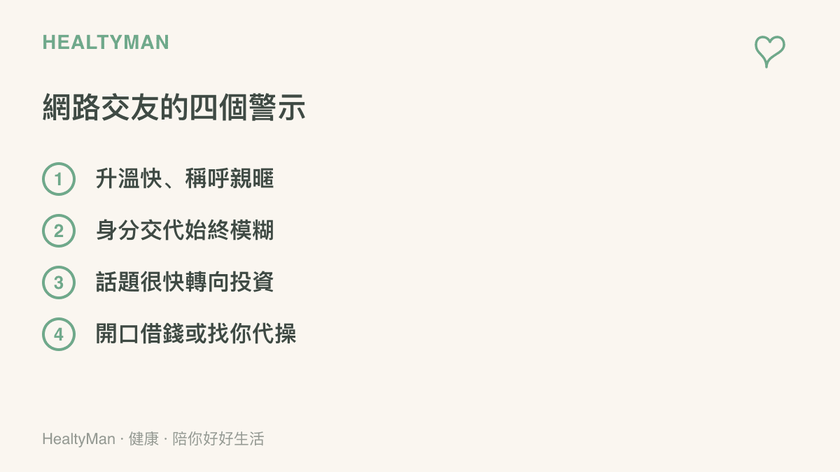 圖卡列出網路交友常見的四個詐騙警示信號，包括感情升溫過快、身分交代不清、話題轉向投資，以及開口借錢或請託代操