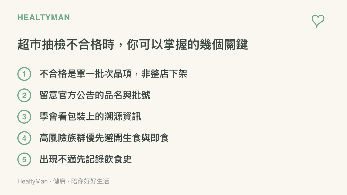 超市抽檢事件後消費者可以掌握的五個關鍵重點條列卡