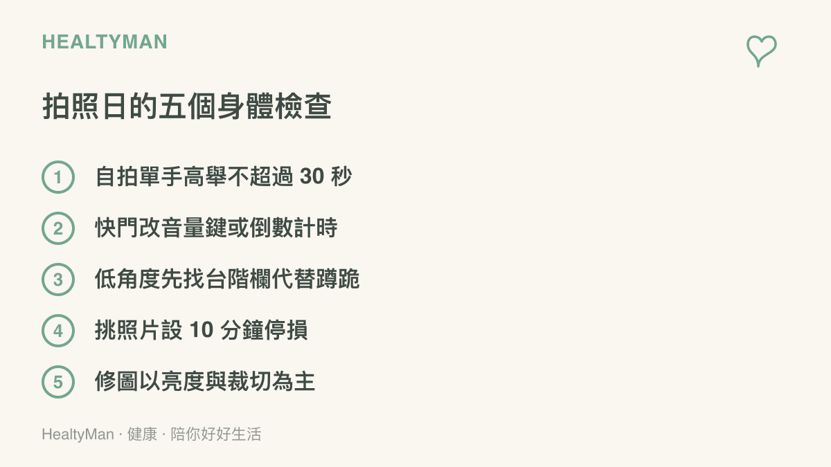 清單列出手機拍照當天保護身體的五個做法：限時舉手自拍、快門改音量鍵、低角度少蹲跪、挑照片設停損、修圖不動身材
