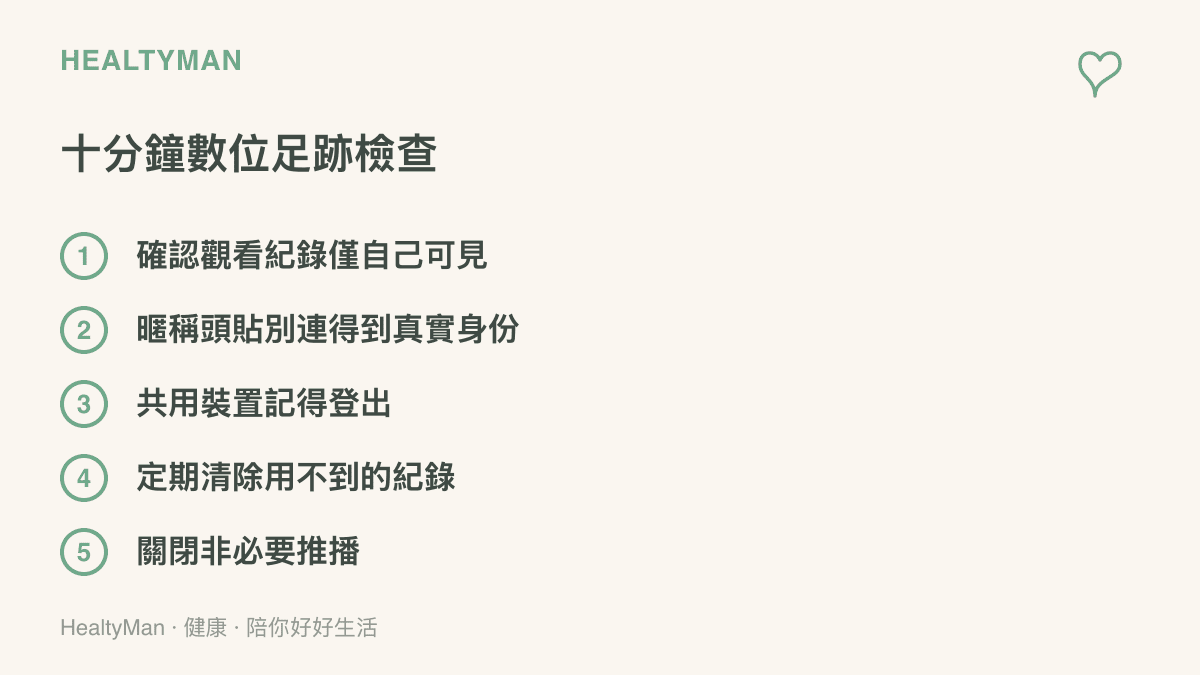 清單圖列出十分鐘可完成的數位足跡檢查項目，包含觀看紀錄可見範圍、暱稱與真實身份的連結、共用裝置登出、清除舊紀錄與關閉非必要推播