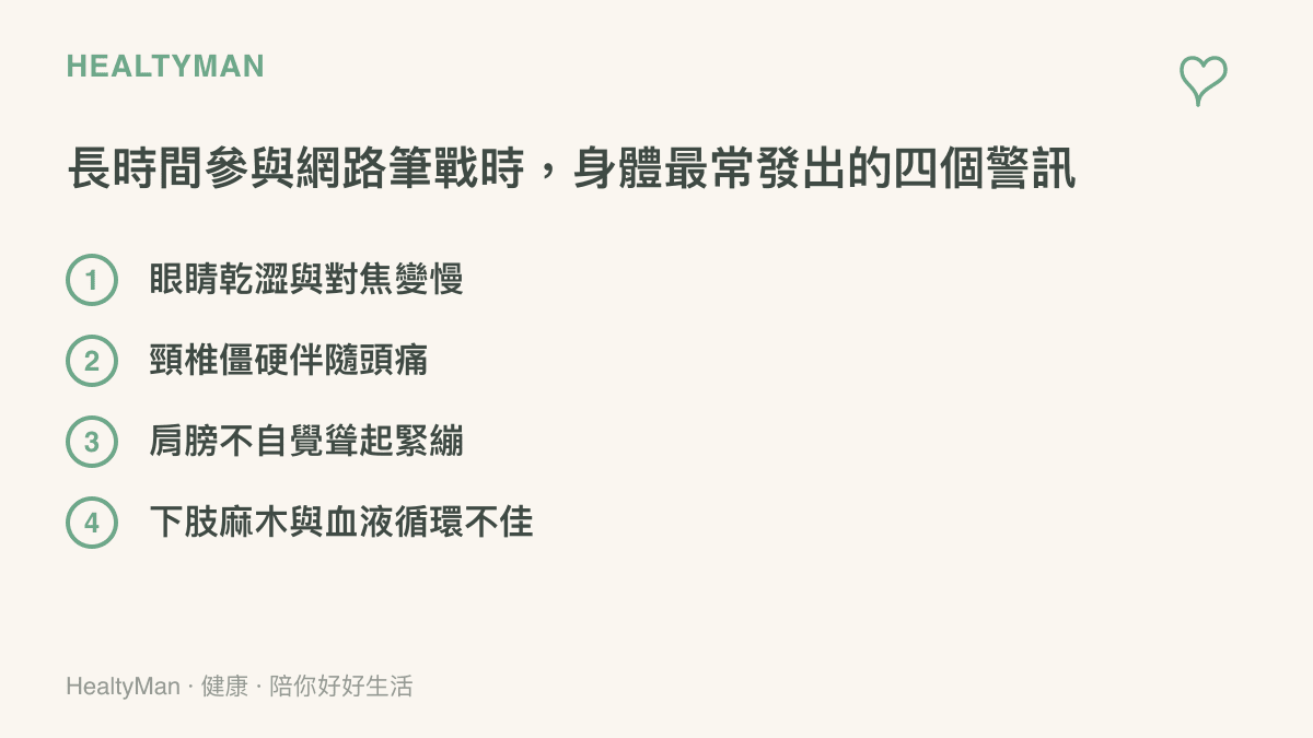 清單列出長時間使用3C產品參與網路討論時，常見的四種身體疲勞警訊，包括眼睛乾澀、頸椎僵硬、肩膀緊繃與下肢麻木。