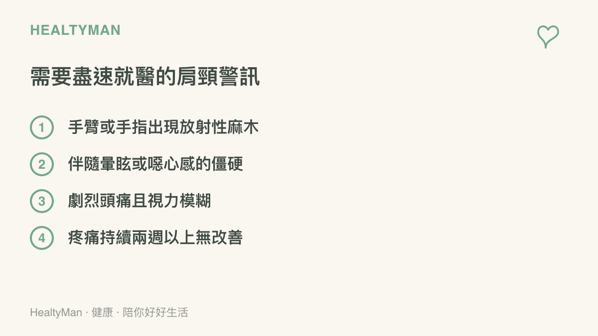 列舉需要盡速就醫的肩頸警訊，包含手臂麻木、暈眩噁心、劇烈頭痛與長期疼痛