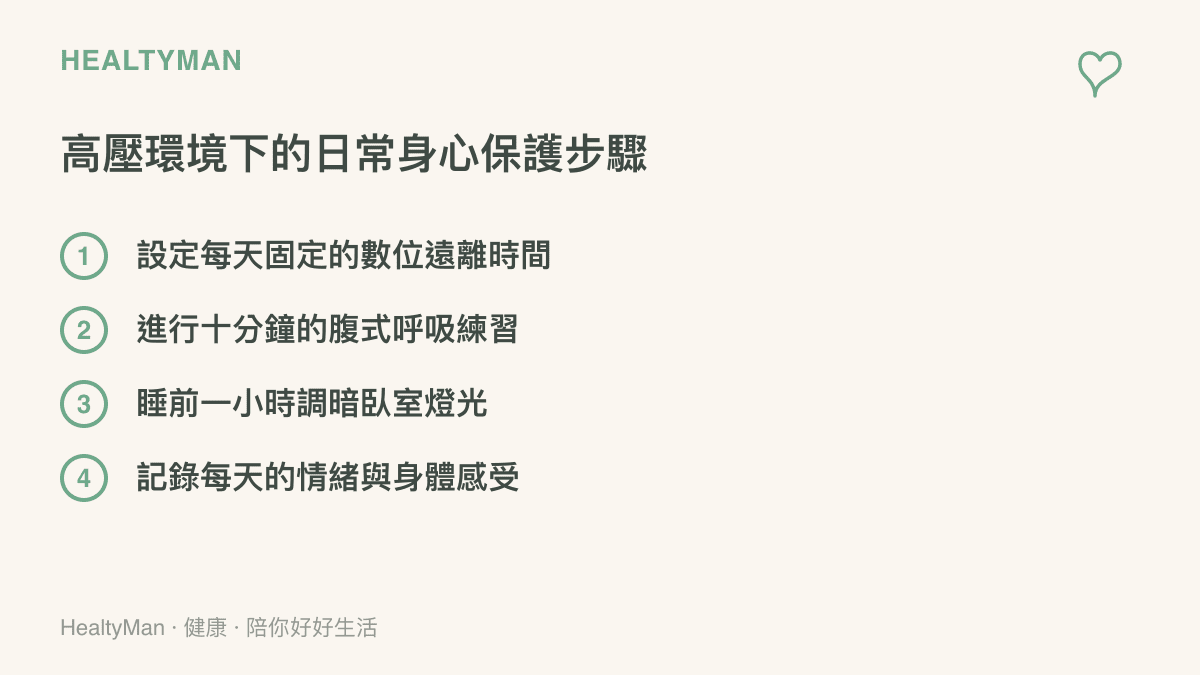 清單圖卡列舉出在面對高壓力環境時可以採取的四項日常身心保護步驟