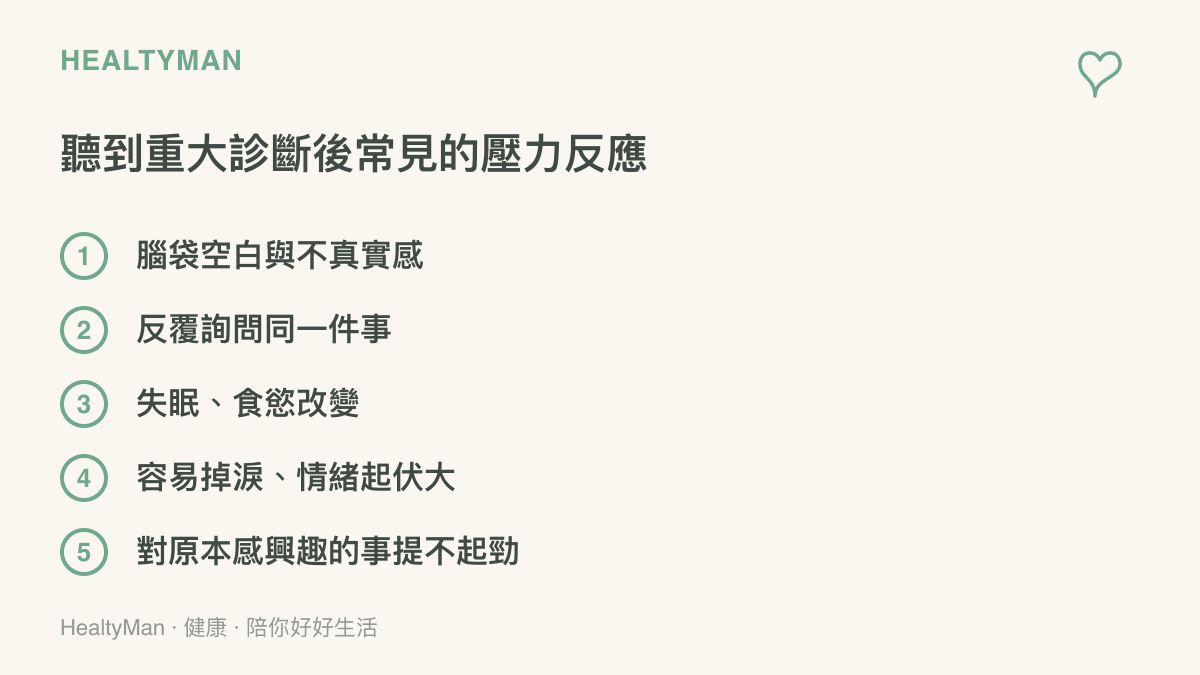 重大疾病診斷後常見的急性壓力反應清單，包含腦袋空白、反覆詢問、失眠、情緒起伏等項目