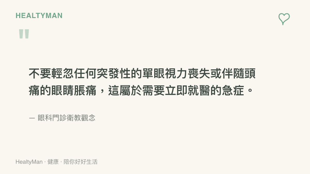 引述眼科衛教觀念，提醒讀者突發性視力喪失或伴隨頭痛的眼睛脹痛需要立即就醫
