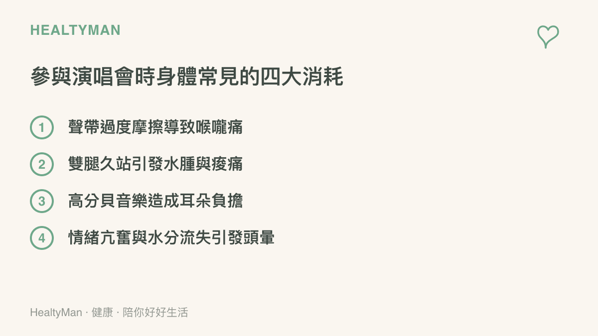 參與演唱會時身體常見的四大消耗情形，包含喉嚨痛、雙腿痠痛、耳朵負擔與頭暈
