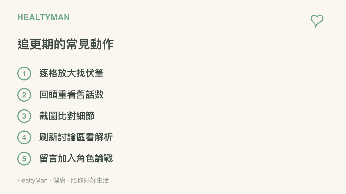 列出漫畫迷在追更期間最常出現的五個行為：逐格放大找伏筆、回頭重看舊話數、截圖比對細節、刷新討論區看解析，以及留言加入角色論戰