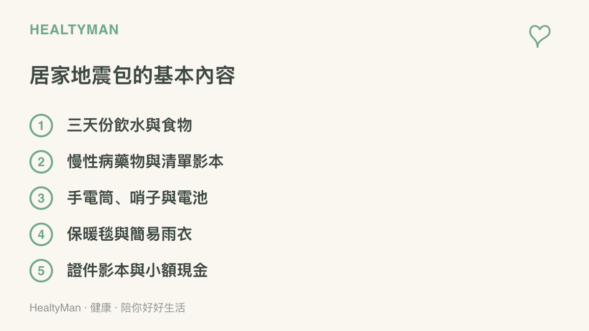 整理居家地震包應準備的五類物品，包括飲水食物、慢性病藥物清單、手電筒哨子電池、保暖毯以及證件影本與現金