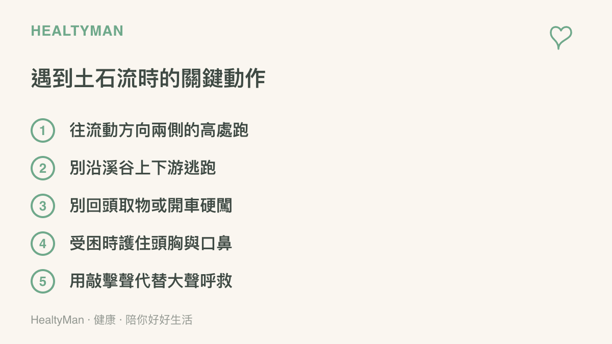 土石流發生時的五個求生動作清單，包括往流動方向兩側高處跑、避免沿溪谷逃走，以及受困時以規律敲擊聲求援