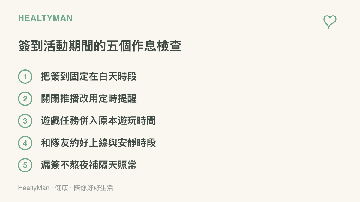 清單圖卡列出簽到活動期間保住作息的五個檢查項目，包含白天固定時段簽到、關閉推播改用定時提醒、遊戲任務併入原本遊玩時間、與隊友約定上線時段、漏簽不熬夜補進度