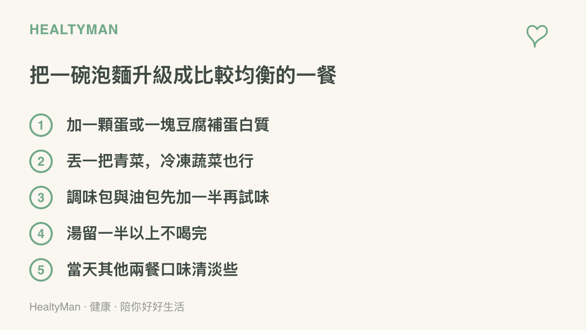 清單列出讓泡麵喫得較均衡的五個做法：加蛋或豆腐、加青菜、調味包減半、湯不喝完、當天其他餐喫得清淡
