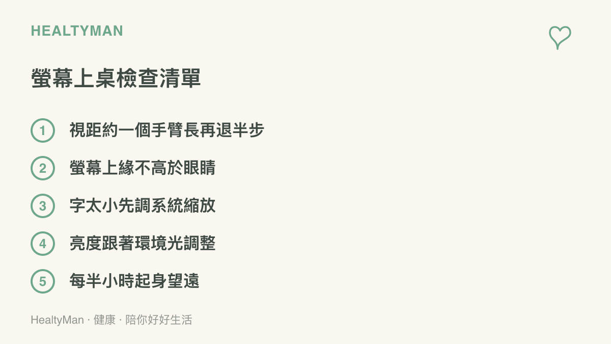 螢幕上桌前的五項檢查：視距約一個手臂長再退半步、螢幕上緣不高於眼睛、字太小先調系統縮放、亮度跟著環境光調整、每半小時起身望遠