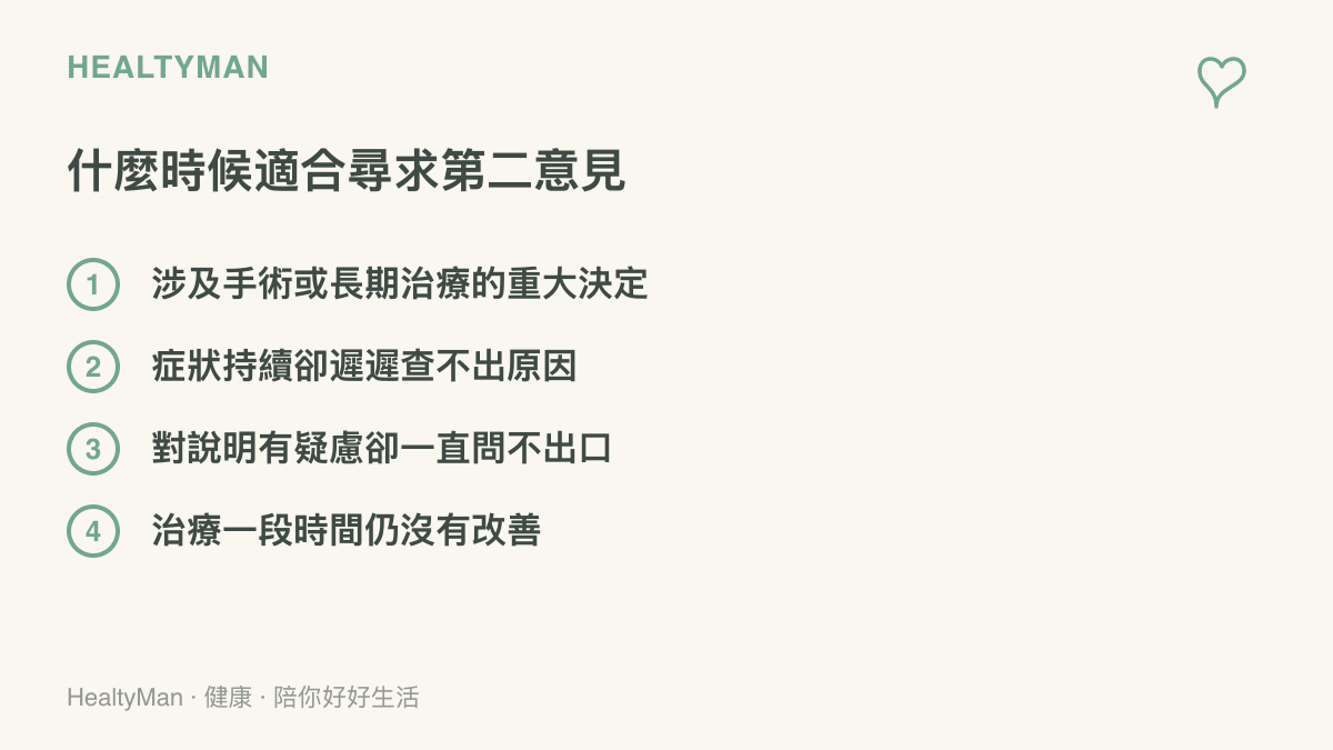 清單圖列出四種適合尋求第二意見的時機，包括重大治療決定、久查無因、對說明有疑慮與治療未見改善