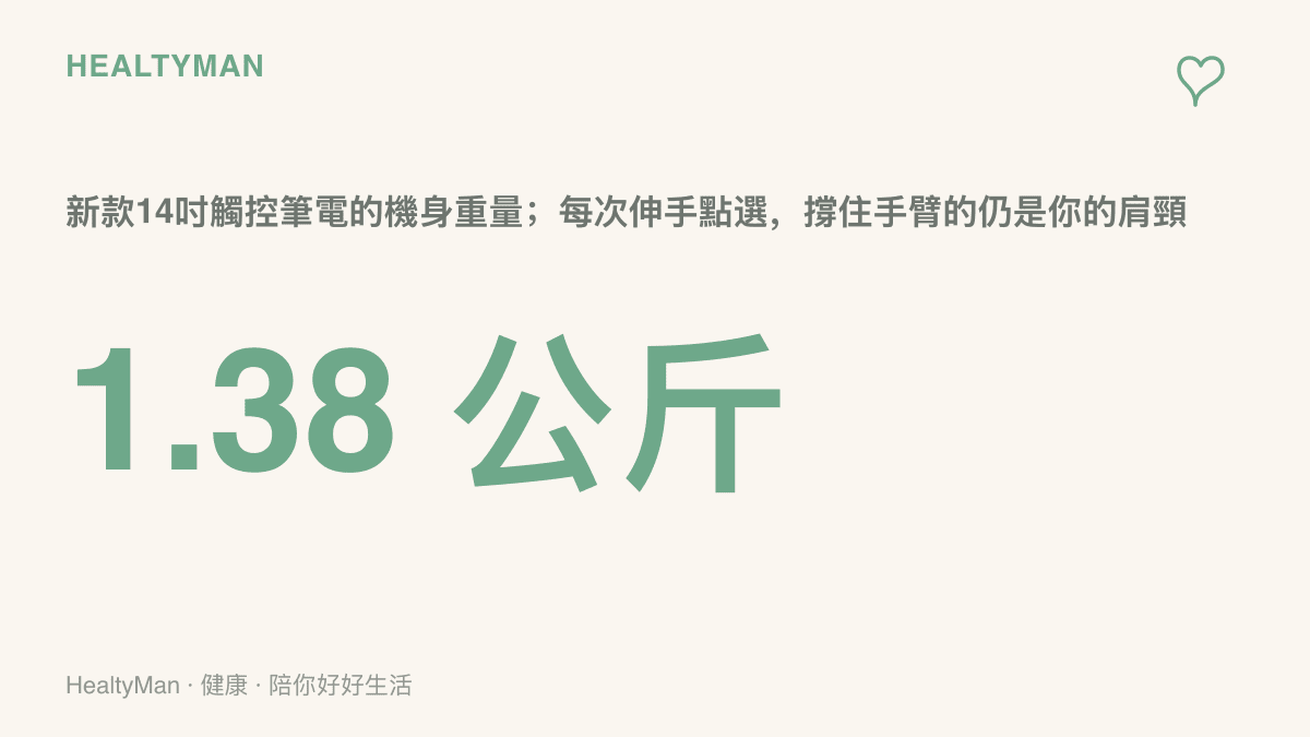 統計圖卡呈現新款14吋觸控螢幕筆電僅1.38公斤的機身重量，並註記伸手觸控時手臂的重量仍由肩頸肌肉支撐