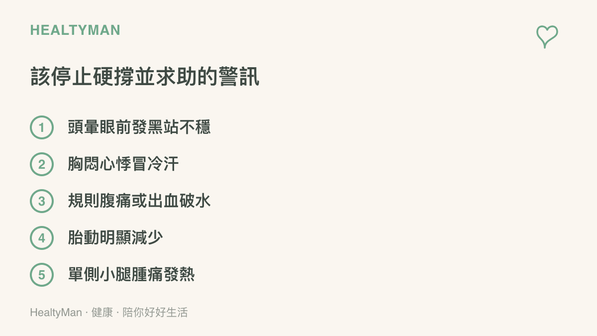 清單圖列出搭乘列車久站時應停止硬撐並求助的五種身體警訊，包括暈眩、胸悶、孕婦宮縮出血與單側小腿腫痛等項目