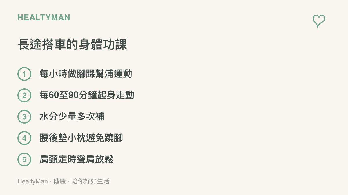 清單列出長途搭車時保護循環與腰背的五個做法：腳踝幫浦運動、定時起身走動、少量多次補水、腰後墊枕避免蹺腳，以及肩頸定時放鬆