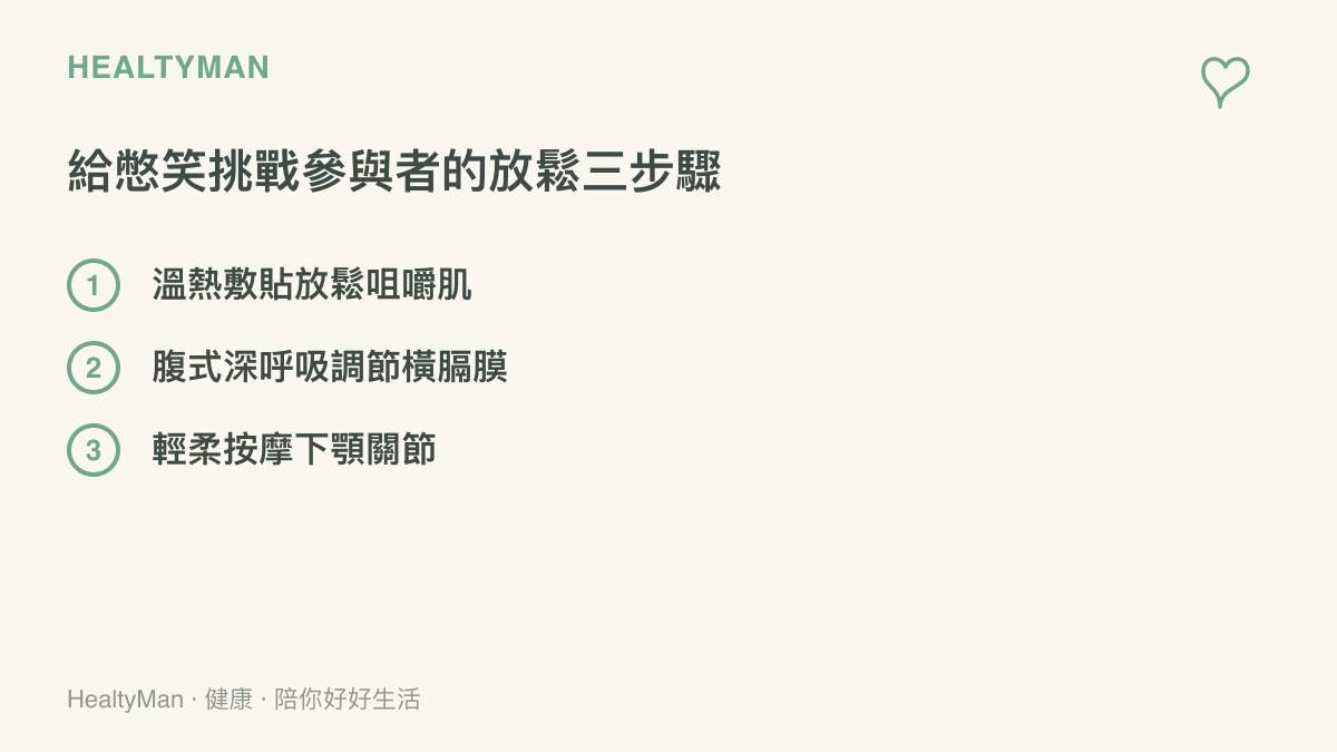 提供給參與憋笑挑戰的讀者三個放鬆步驟，包含溫熱敷咀嚼肌、腹式深呼吸與輕柔按摩下顎關節