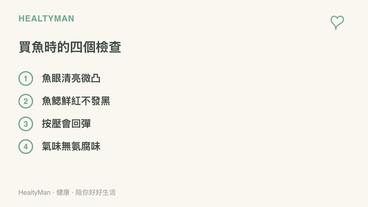 清單圖列出挑選魚貨的四個檢查重點，包括魚眼清澈、鰓色鮮紅、魚肉按壓回彈與氣味正常無腐味