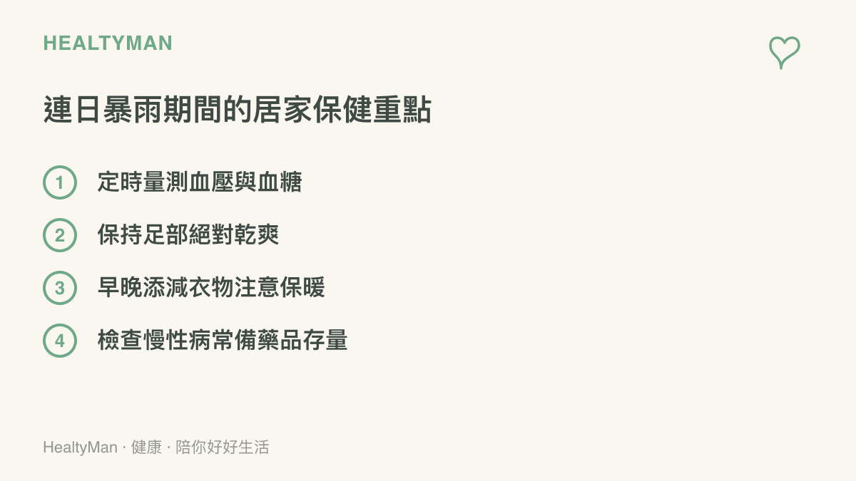清單列舉出連日暴雨期間需要留意的四個居家保健重點，包含量測生理數值與保持足部乾燥。