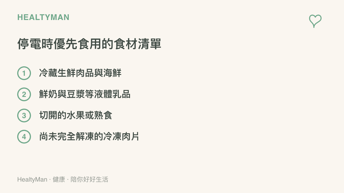 清單列舉出停電期間應該優先從冰箱取出食用的生鮮肉品與乳製品類別