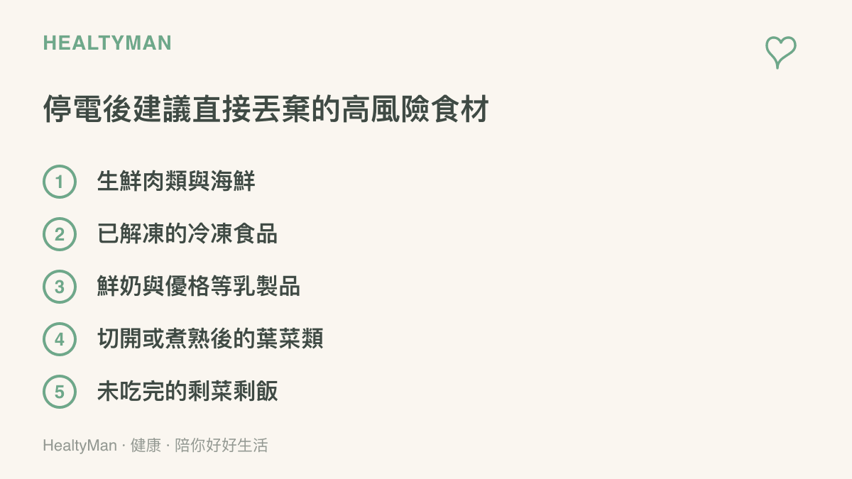 列舉停電超過四小時後必須捨棄的五種高風險易腐壞食材清單