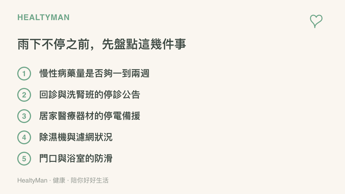 列出連日颱風雨前建議盤點的五件事，包含慢性病藥量、停診公告、醫療器材停電備援、除濕機濾網狀況與室內防滑