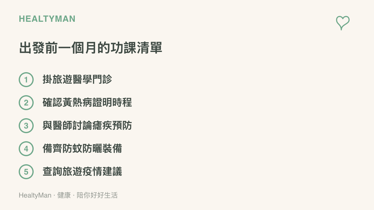 清單圖卡列出前往烏幹達前應完成的五項準備：掛旅遊醫學門診、確認黃熱病證明時程、與醫師討論瘧疾預防、備齊防蚊防曬裝備、查詢旅遊疫情建議