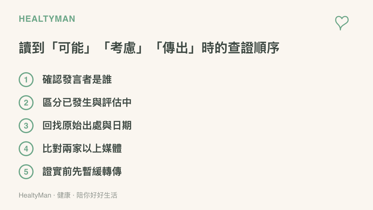 查證順序包含確認發言者身分、區分已發生事實與評估中的表態、回找原始出處與日期、比對兩家以上媒體說法，以及證實前暫緩轉傳