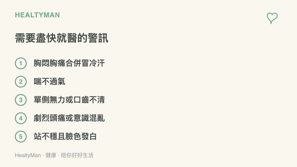 長輩在情緒激動或久站後需要盡快就醫的五個警訊：胸悶胸痛合併冒冷汗、喘不過氣、單側無力或口齒不清、劇烈頭痛或意識混亂、站不穩且臉色發白