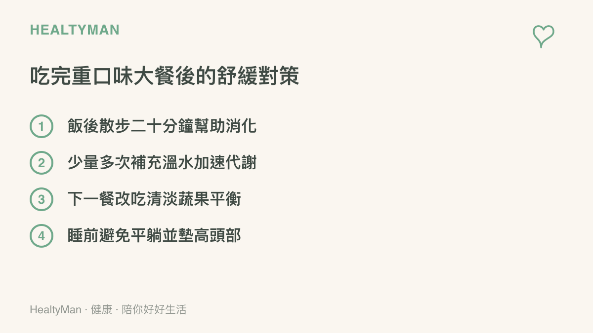 條列式清單呈現喫完重口味大餐後的四個舒緩對策，包含飯後散步、補充溫水、清淡飲食與睡前避免平躺