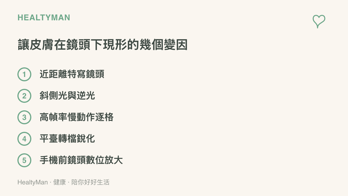 清單圖呈現讓皮膚在鏡頭下更顯眼的五個變因，包括近距離特寫鏡頭、斜側光與逆光、高幀率慢動作逐格、平臺轉檔銳化，以及手機前鏡頭的數位放大