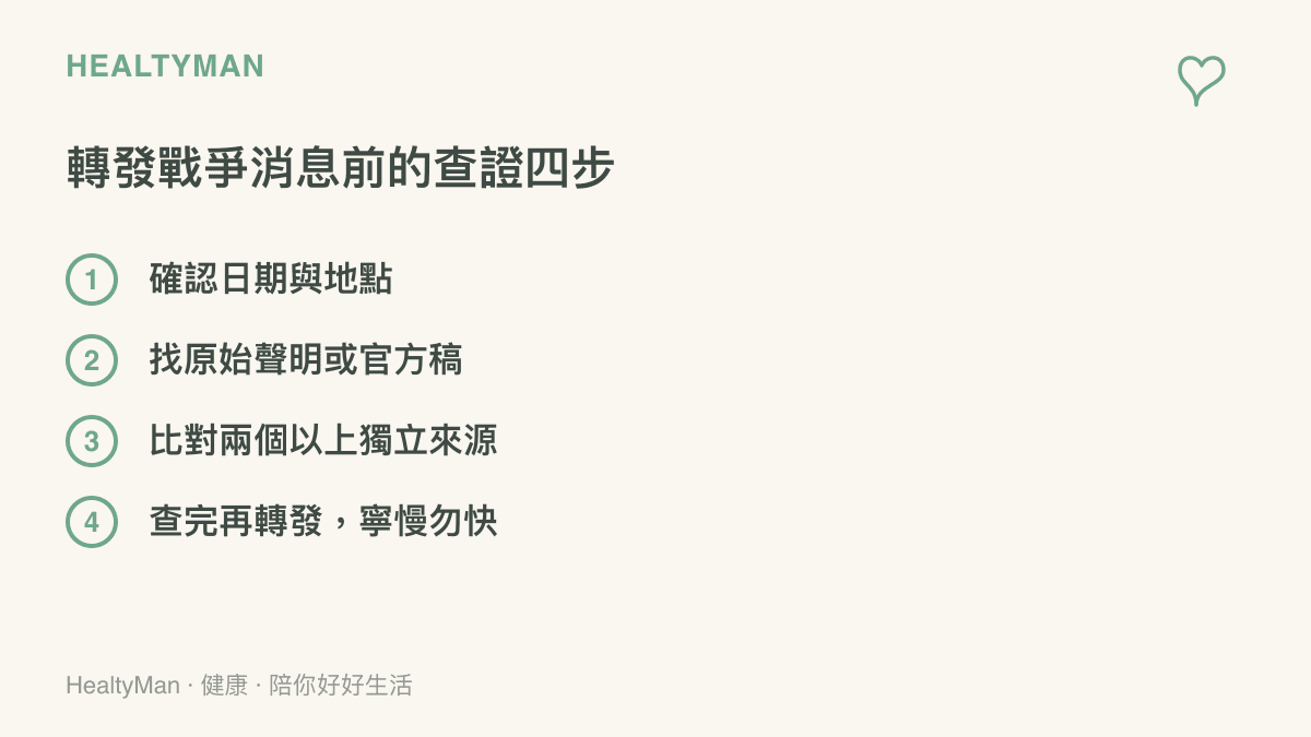 清單圖列出轉發戰爭消息前的四個查證步驟：確認日期與地點、找原始聲明或官方稿、比對兩個以上獨立來源、查完再轉發