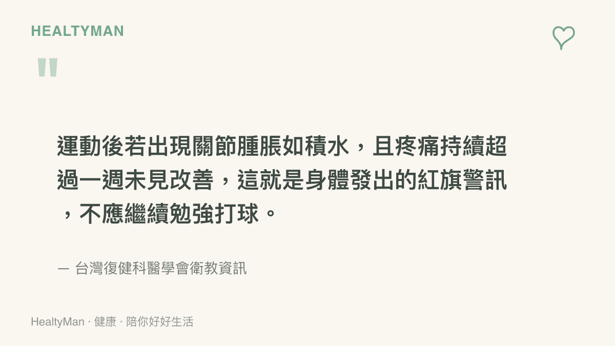 引述圖卡強調關節積水腫脹與超過一週的持續疼痛是必須停止運動並就醫的紅旗警訊