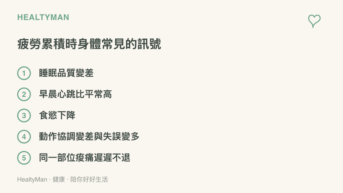 清單列出運動疲勞累積時常見的五個身體訊號，包括睡眠變差、晨間心跳偏高、食慾下降、協調變差與痠痛不退
