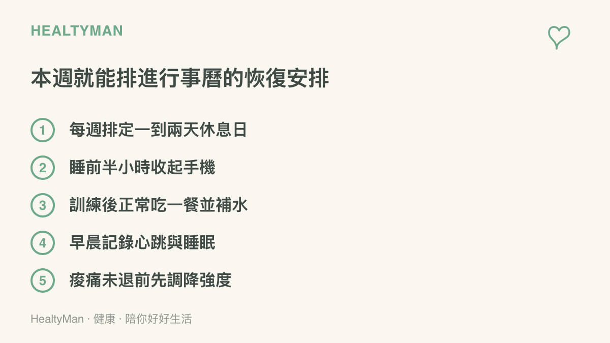 清單呈現五項本週即可執行的恢復安排，包括排定休息日、睡前收機、訓練後飲食補水、晨間記錄與調降強度原則