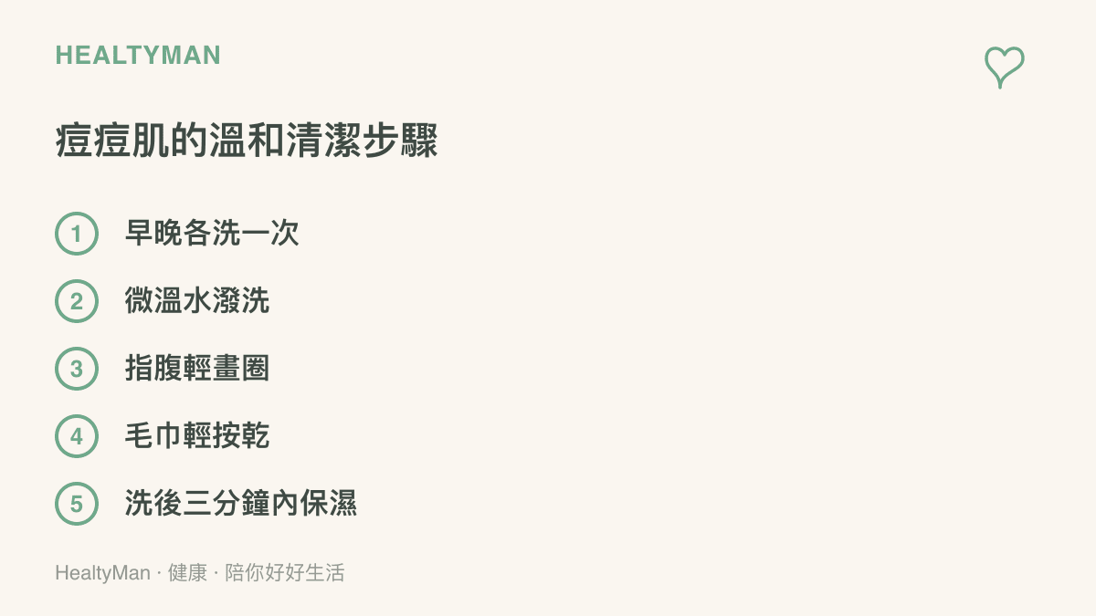 清單列出痘痘肌溫和洗臉的五個步驟：早晚各一次、微溫水潑洗、指腹畫圈清潔、毛巾輕按乾，以及洗後三分鐘內擦保濕