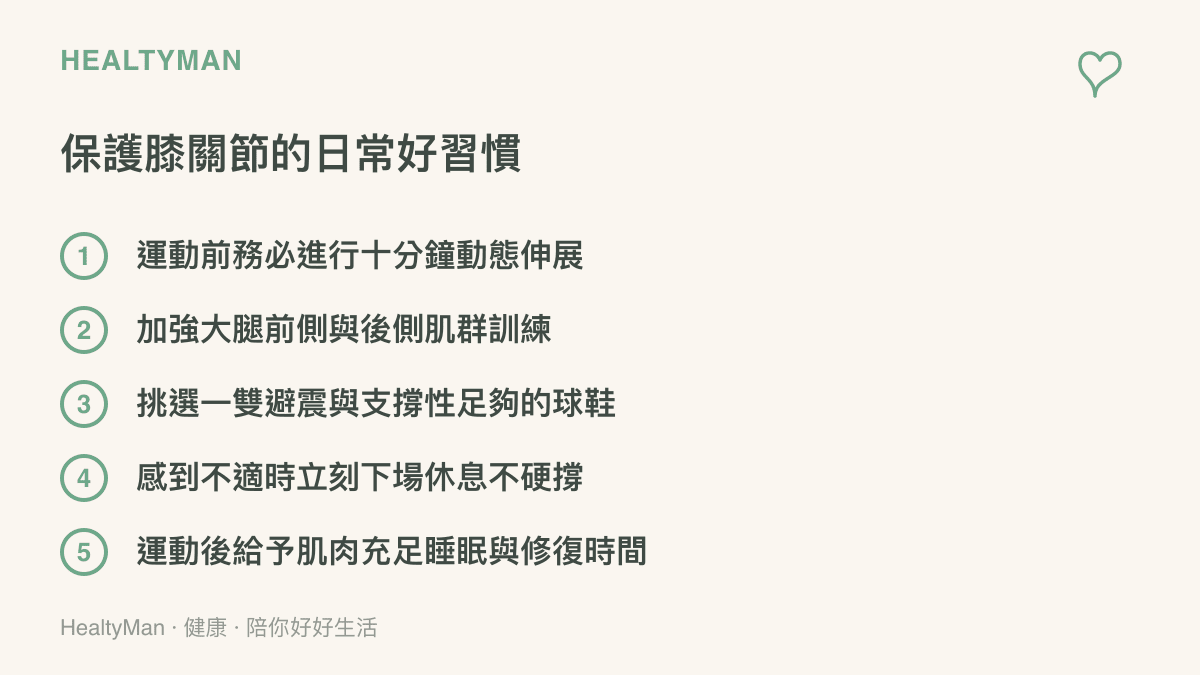 清單圖卡列舉出五項保護膝關節的日常好習慣，包含暖身、肌力訓練與球鞋選擇等項目。