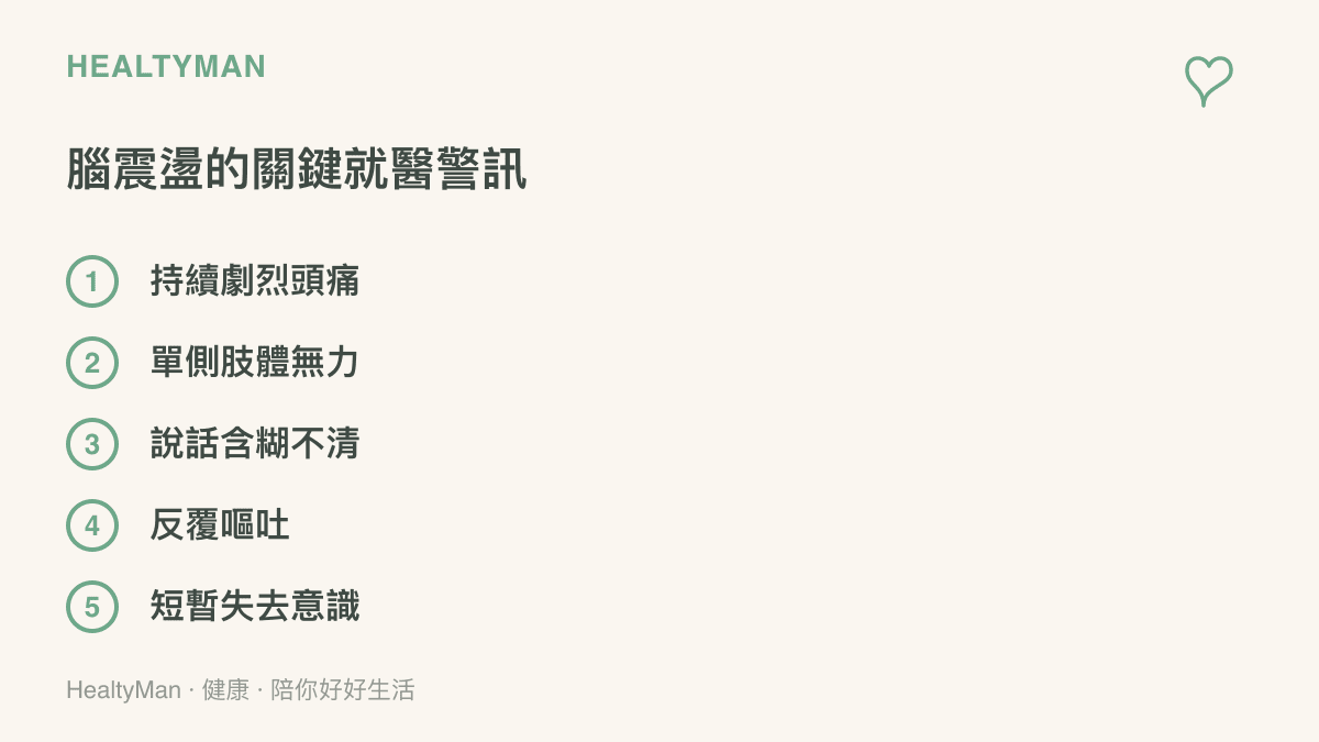 清單圖卡列舉出頭部受撞擊後必須立即就醫的五個腦震盪危險症狀