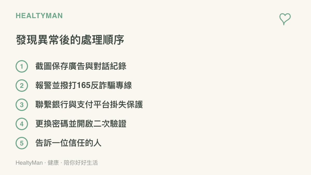 清單圖依序列出發現帳號異常後的五個處理步驟，從截圖儲存證據、報警與撥打165、聯繫銀行支付平臺，到更換密碼與告知信任的人