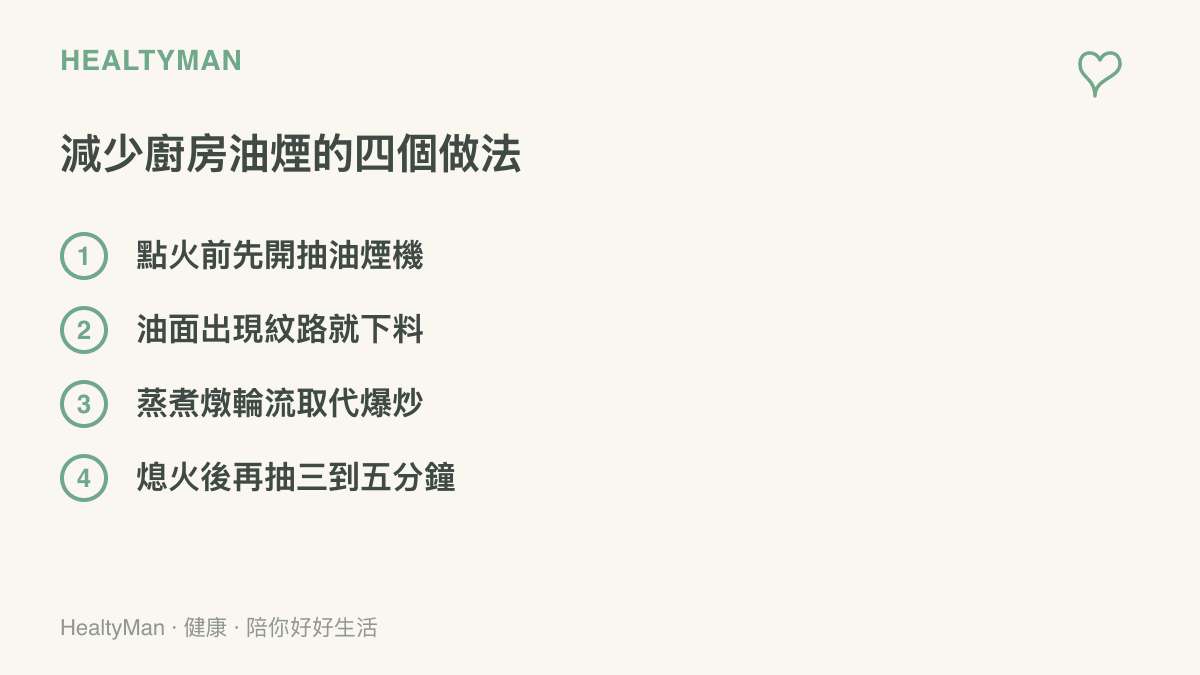 清單圖列出減少廚房油煙的四個做法，包括點火前先開抽油煙機、油面出現紋路就下料、以蒸煮燉輪流取代爆炒、熄火後再多抽三到五分鐘