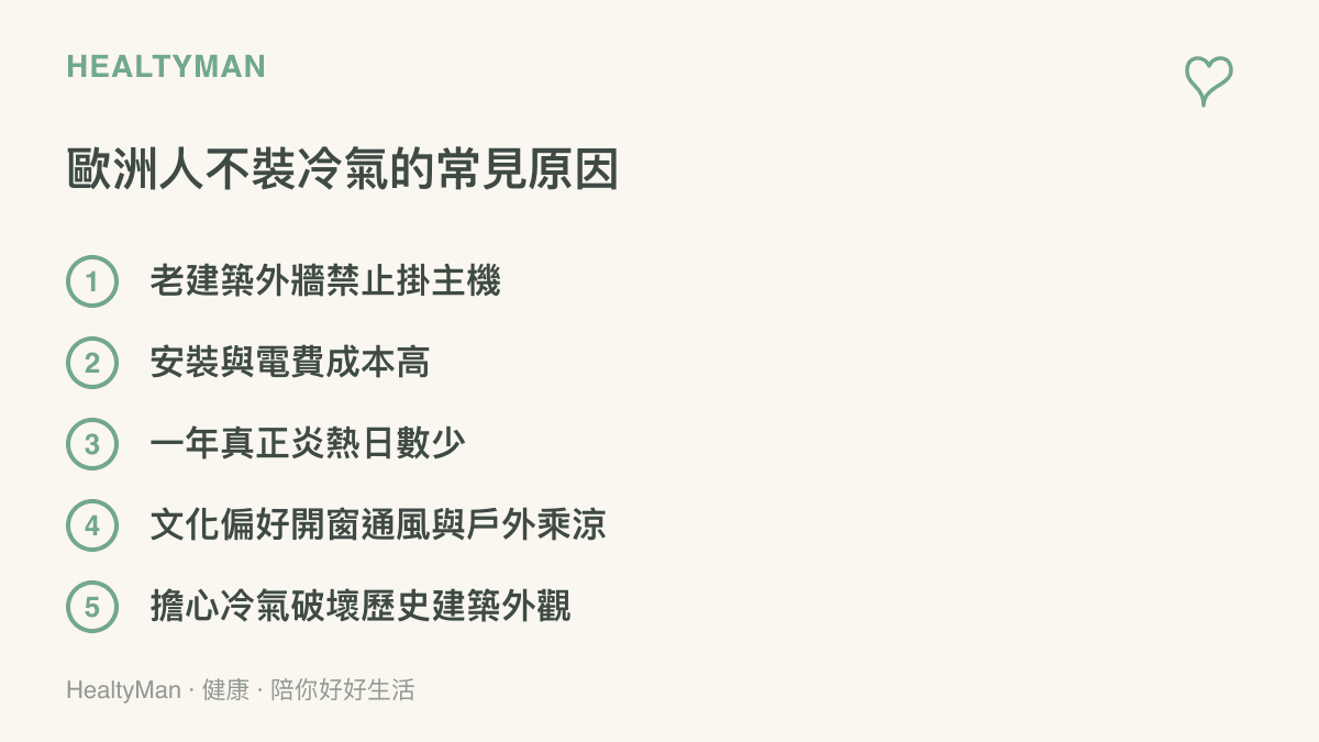 歐洲人不裝冷氣的五個常見原因清單，包含建築限制、成本、文化與歷史保護因素