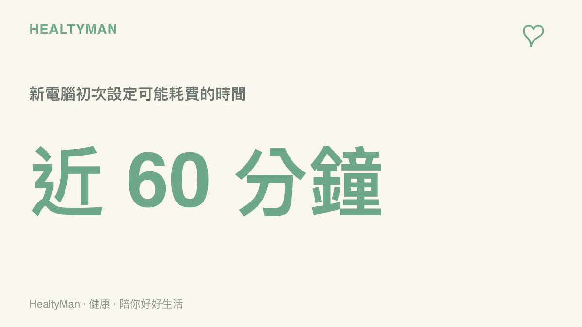 圖卡顯示新電腦初次設定可能耗費將近六十分鐘的時間，提醒民眾注意期間的坐姿與用眼負擔。