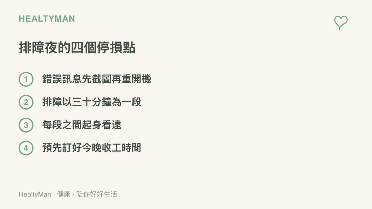 清單圖列出手機與電腦排障夜晚的四個停損動作：先把錯誤訊息截圖、以三十分鐘為一段排障、每段之間起身看遠處，以及事先訂好當晚的收工時間