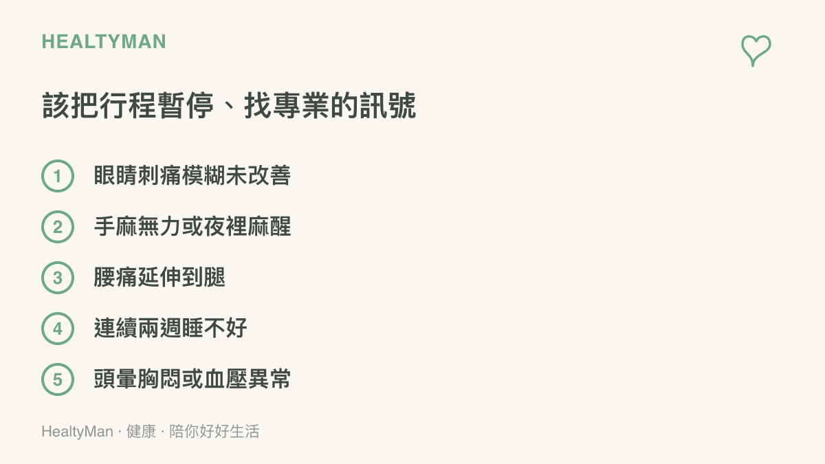 清單列出玩長篇遊戲時應該就醫的身體訊號，包含眼睛症狀未改善、手部麻木無力、腰痛延伸到腿、持續睡眠失調與血壓心血管異常